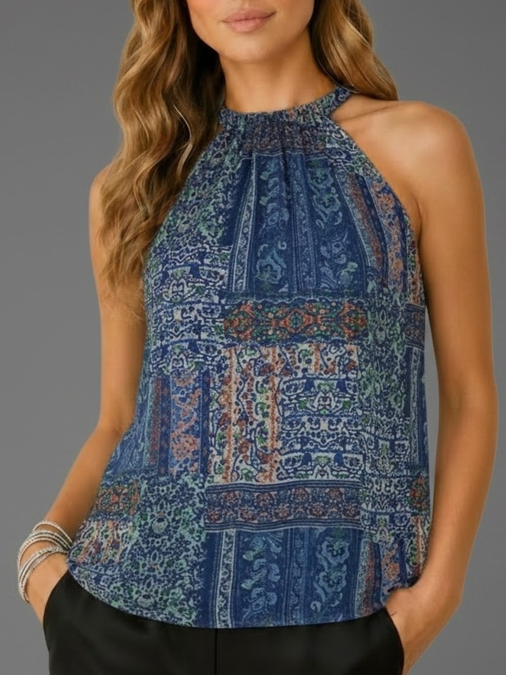 RAMY BROOK Paris Patchwork Printed Sleeveless Halter Blouse Size X-Small